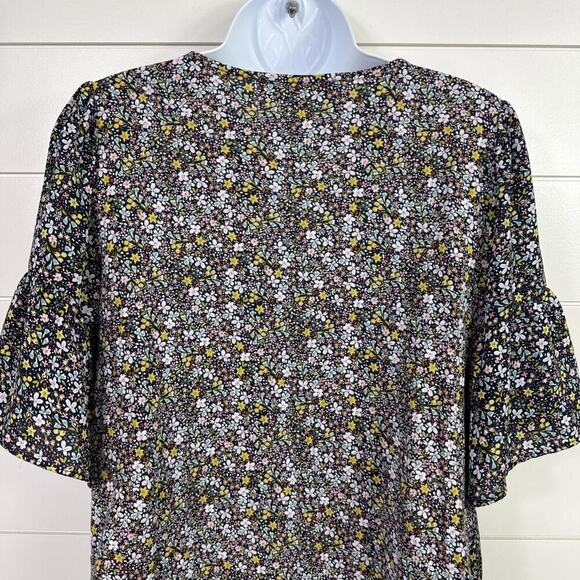 LOFT Floral Print Short Sleeved V-Neck Blouse Shirt Navy Blue sz S - Picture 5 of 6